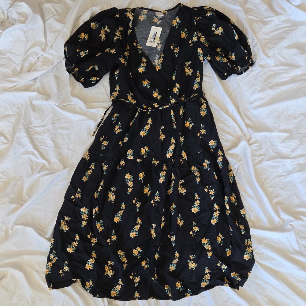 A New Day M Black Yellow Floral Puff Sleeve Wrap Midi Dress Tie Accents